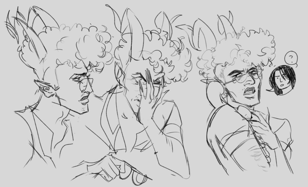 A collection of Ivy sketches of him looking to the right, wiping his face in annoyance, and talking on the phone.
